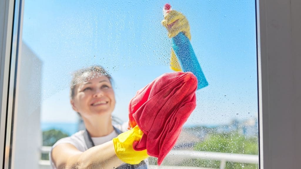 窓掃除をする家政婦